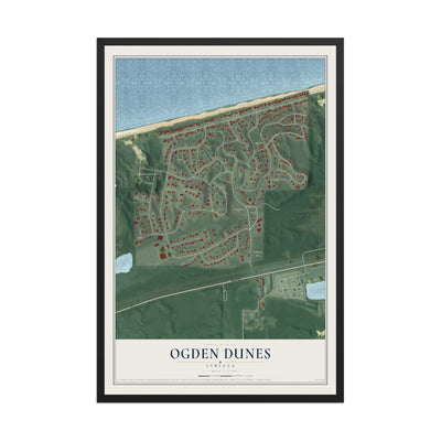 Map of Ogden Dunes, Indiana, 12 x 18 inch print in a black wood frame