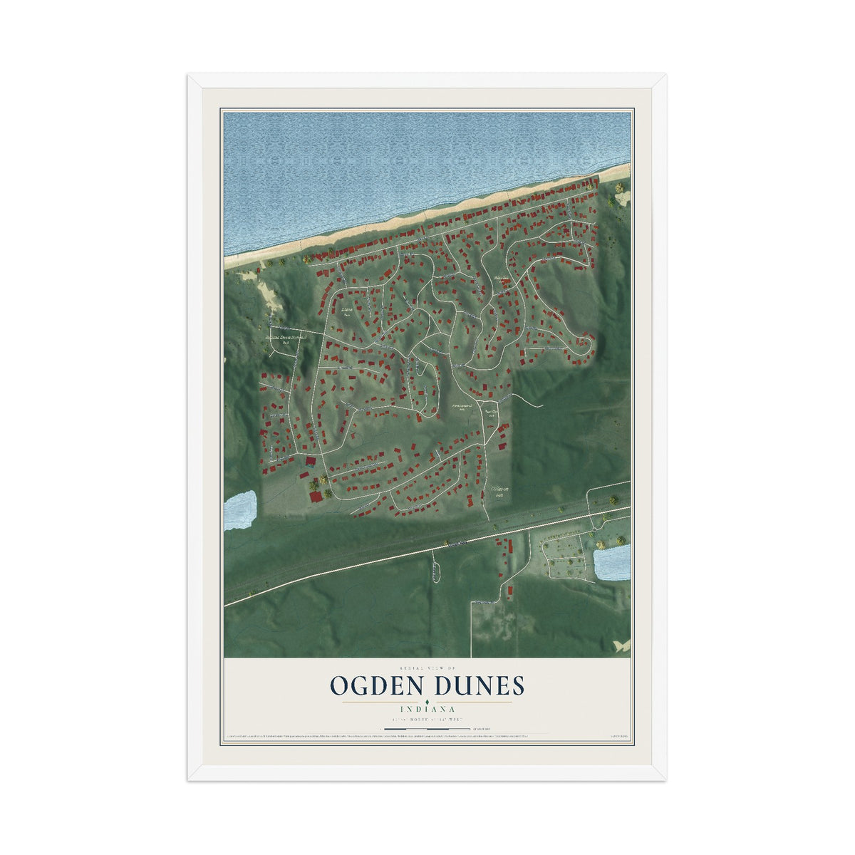 Map of Ogden Dunes, Indiana, 12 x 18 inch print in a white wood frame