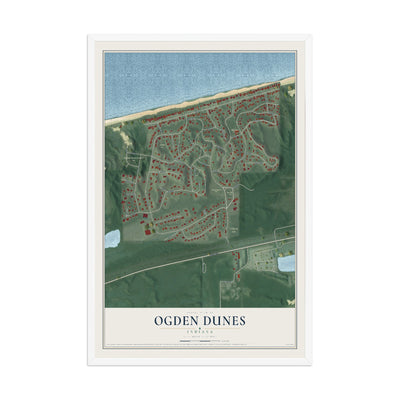 Map of Ogden Dunes, Indiana, 12 x 18 inch print in a white wood frame