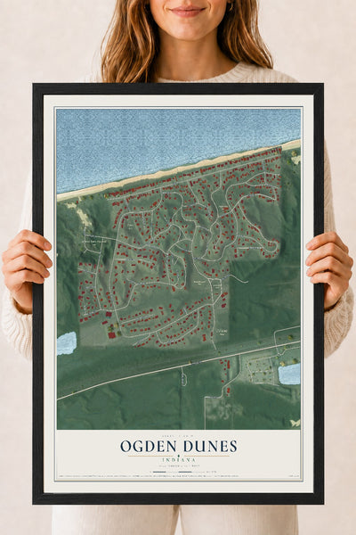 Map of Ogden Dunes, Indiana, 18 x 24 inch print in a black wood frame