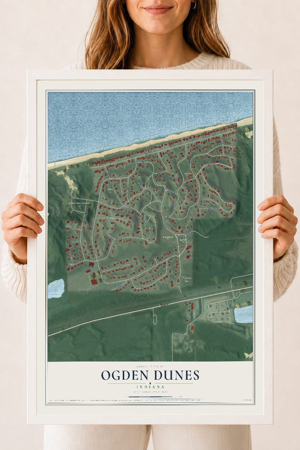 Map of Ogden Dunes, Indiana, 18 x 24 inch print in a white wood frame