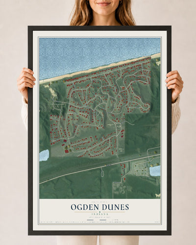Map of Ogden Dunes, Indiana, 24 x 36 inch print in a black wood frame