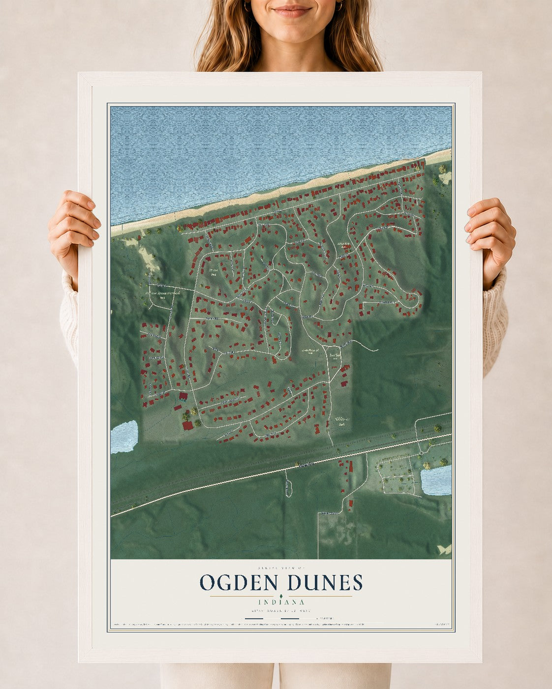 Map of Ogden Dunes, Indiana, 24 x 36 inch print in a white wood frame