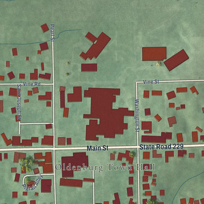 Close-up of the map of Oldenburg, Indiana print showing street and building detail