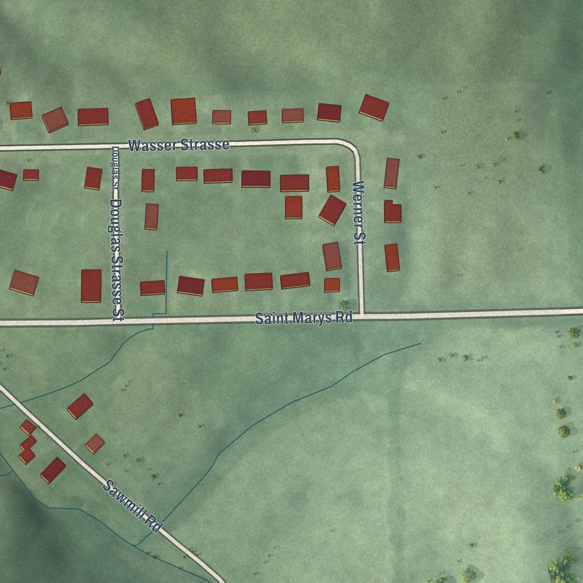 Second close-up of the map of Oldenburg, Indiana print showing more streets and buildings