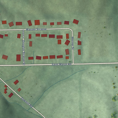 Second close-up of the map of Oldenburg, Indiana print showing more streets and buildings