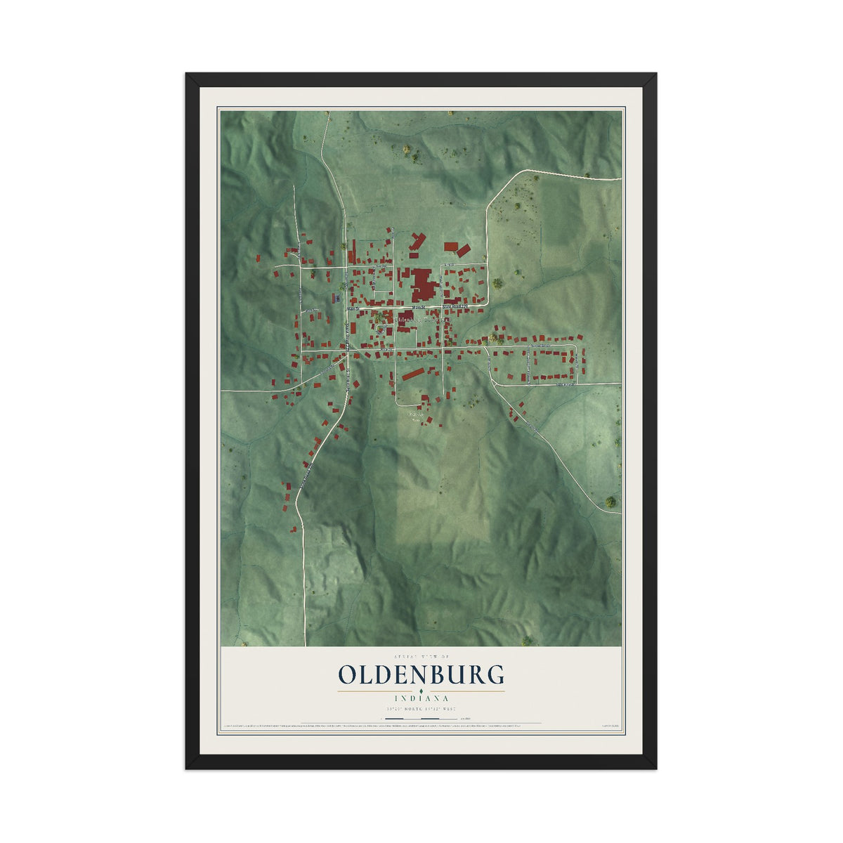 Map of Oldenburg, Indiana, 12 x 18 inch print in a black wood frame