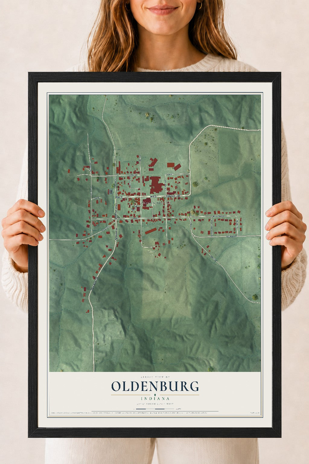 Map of Oldenburg, Indiana, 18 x 24 inch print in a black wood frame
