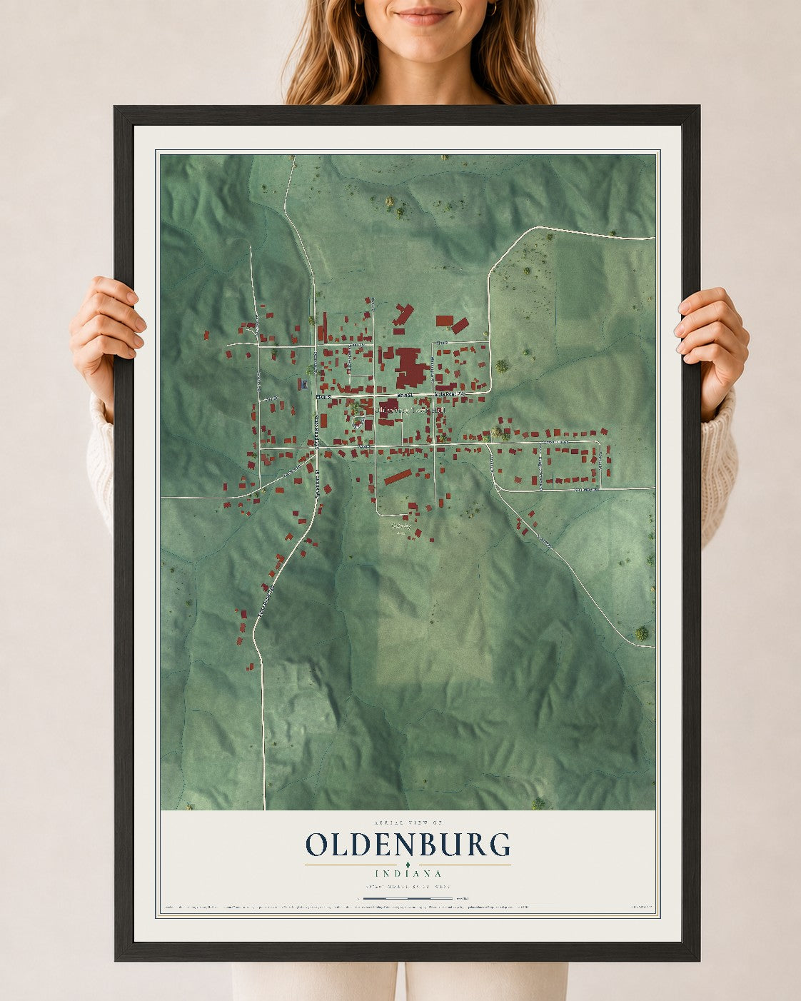 Map of Oldenburg, Indiana, 24 x 36 inch print in a black wood frame