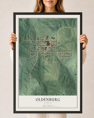 Map of Oldenburg, Indiana, 24 x 36 inch print in a black wood frame