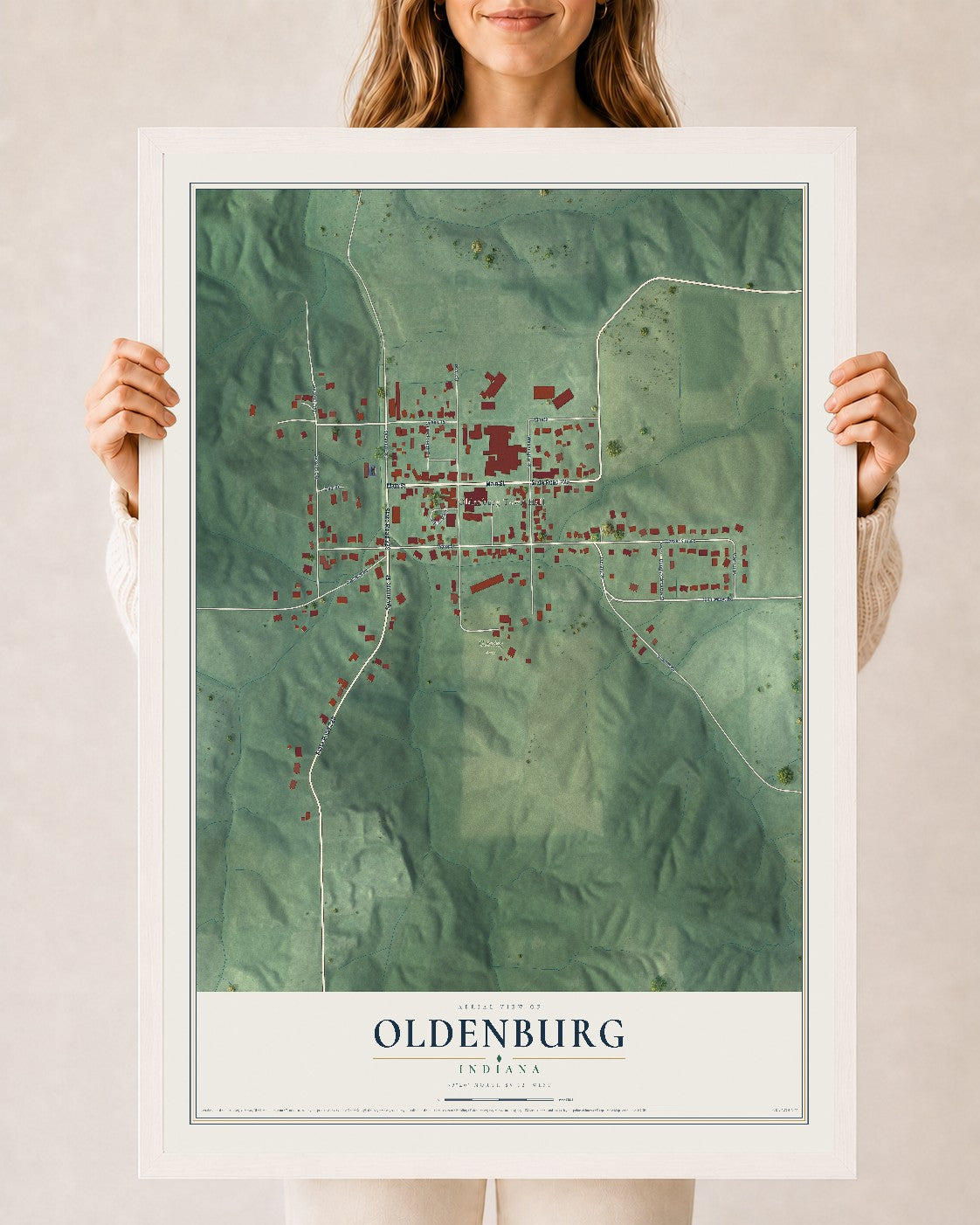 Map of Oldenburg, Indiana, 24 x 36 inch print in a white wood frame