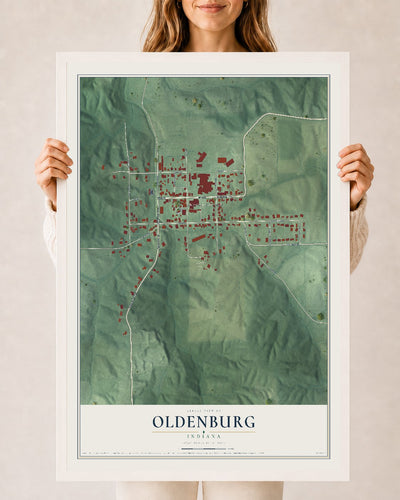 Map of Oldenburg, Indiana, 24 x 36 inch print in a white wood frame