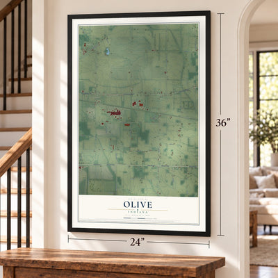 Olive, Indiana map, 24 x 36 inch print in a black frame by a staircase