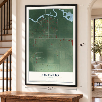 Ontario, Indiana map, 24 x 36 inch print in a black frame by a staircase
