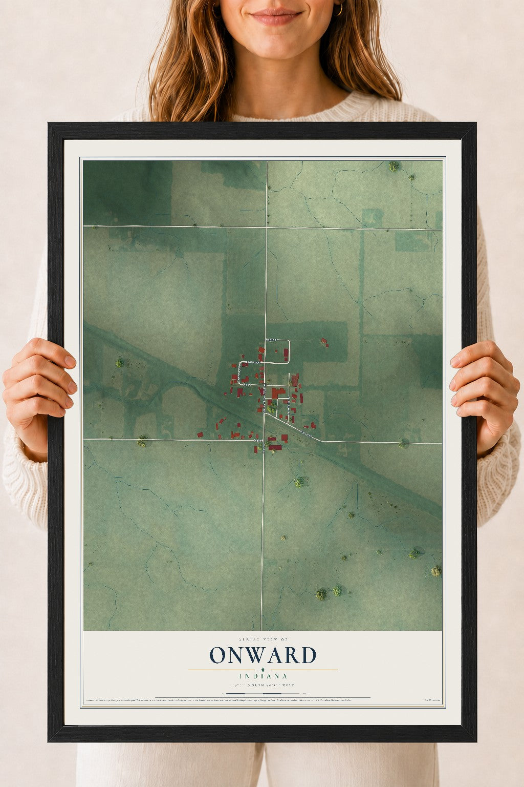 Map of Onward, Indiana, 18 x 24 inch print in a black wood frame