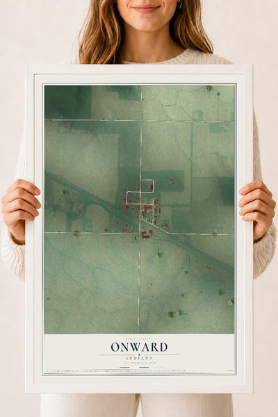 Map of Onward, Indiana, 18 x 24 inch print in a white wood frame