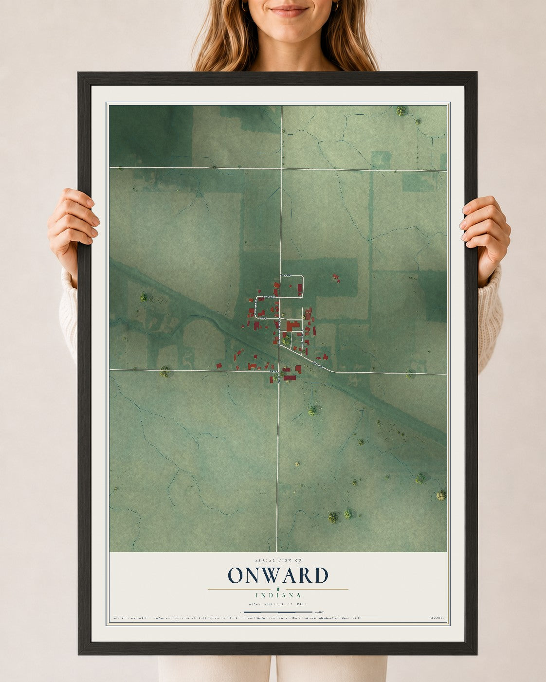 Map of Onward, Indiana, 24 x 36 inch print in a black wood frame