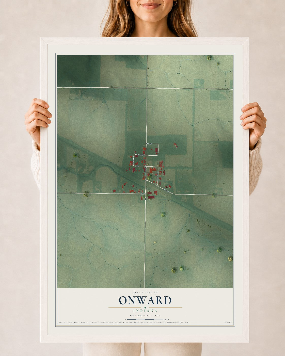 Map of Onward, Indiana, 24 x 36 inch print in a white wood frame