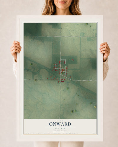 Map of Onward, Indiana, 24 x 36 inch print in a white wood frame