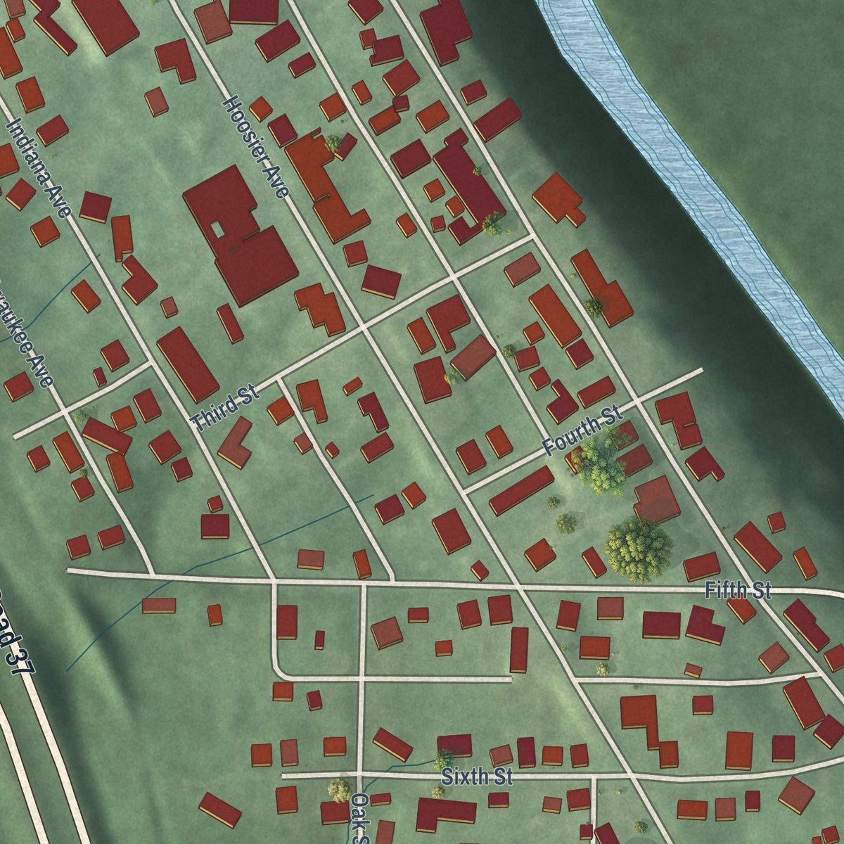Close-up of the map of Oolitic, Indiana print showing street and building detail