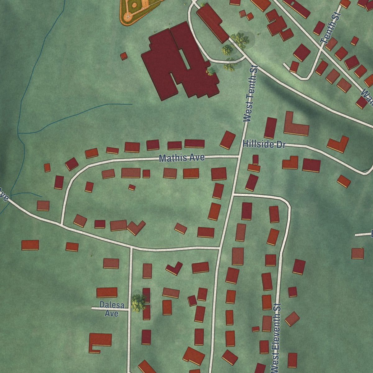 Second close-up of the map of Oolitic, Indiana print showing more streets and buildings