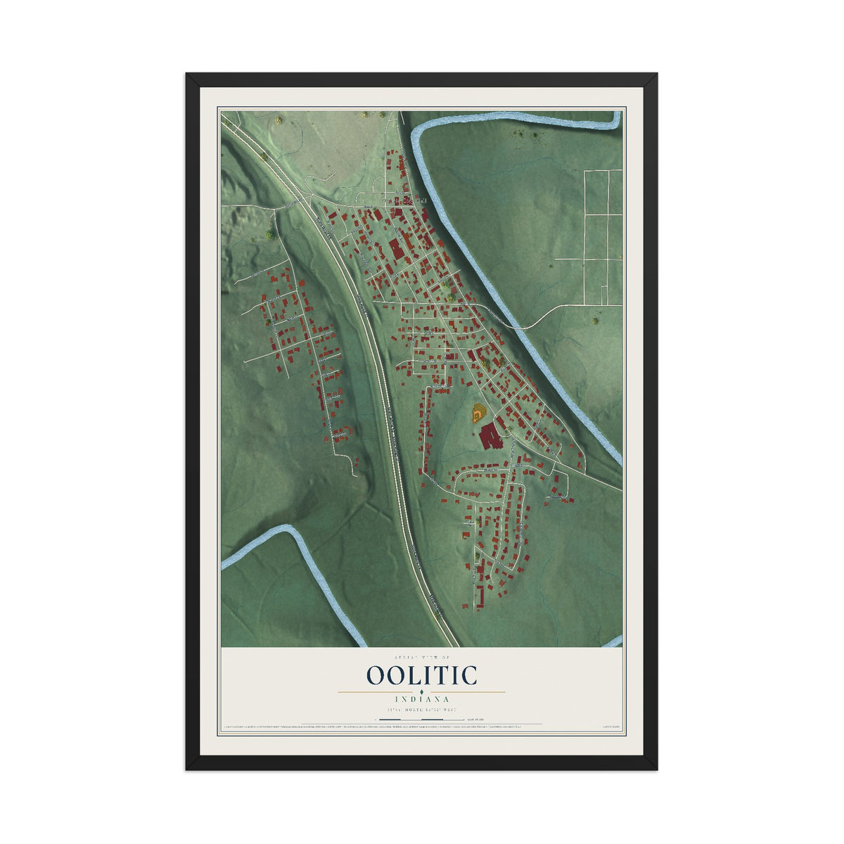Map of Oolitic, Indiana, 12 x 18 inch print in a black wood frame