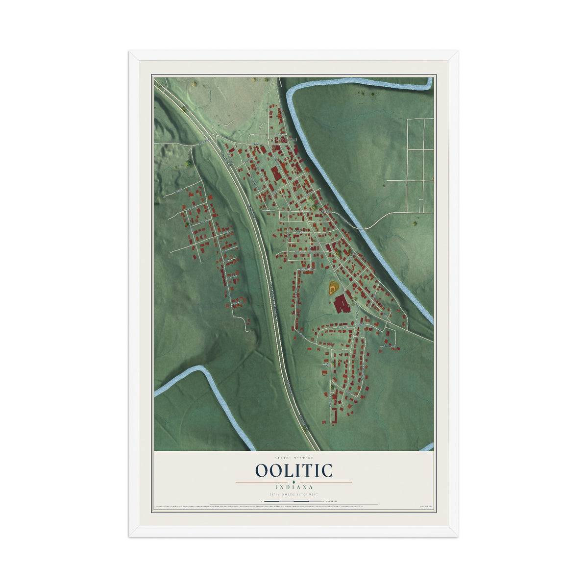 Map of Oolitic, Indiana, 12 x 18 inch print in a white wood frame