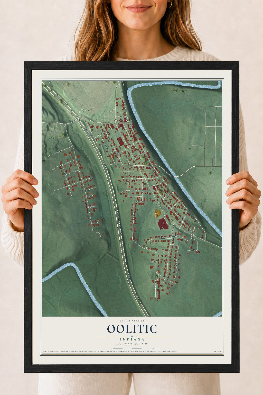 Map of Oolitic, Indiana, 18 x 24 inch print in a black wood frame