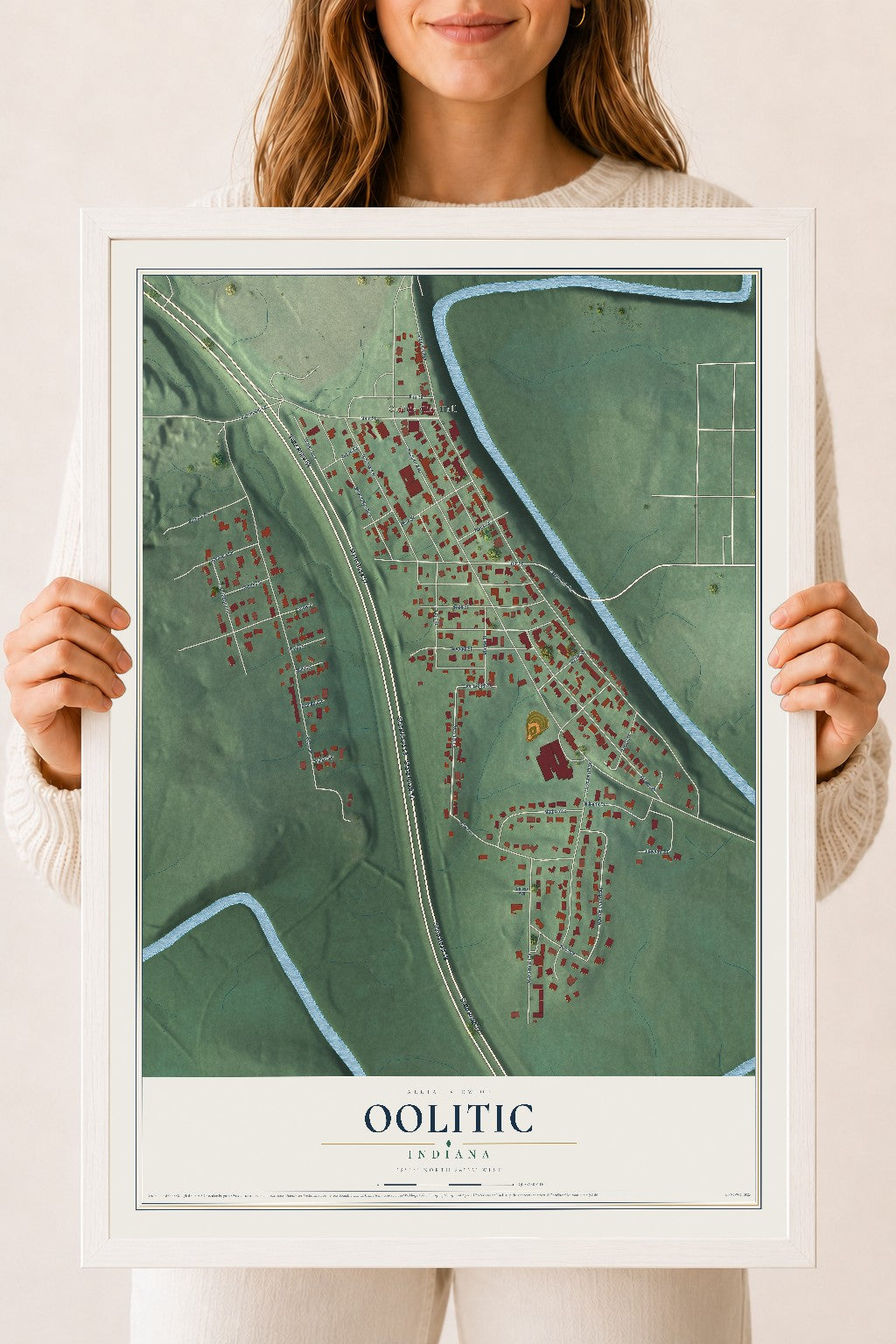 Map of Oolitic, Indiana, 18 x 24 inch print in a white wood frame