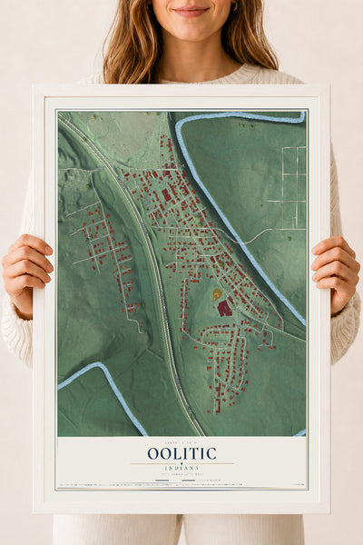 Map of Oolitic, Indiana, 18 x 24 inch print in a white wood frame