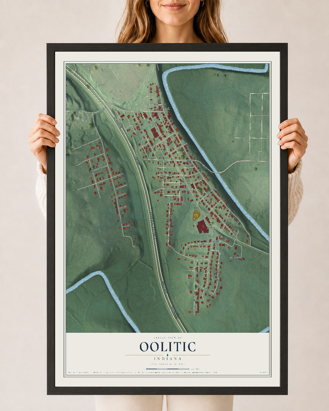 Map of Oolitic, Indiana, 24 x 36 inch print in a black wood frame
