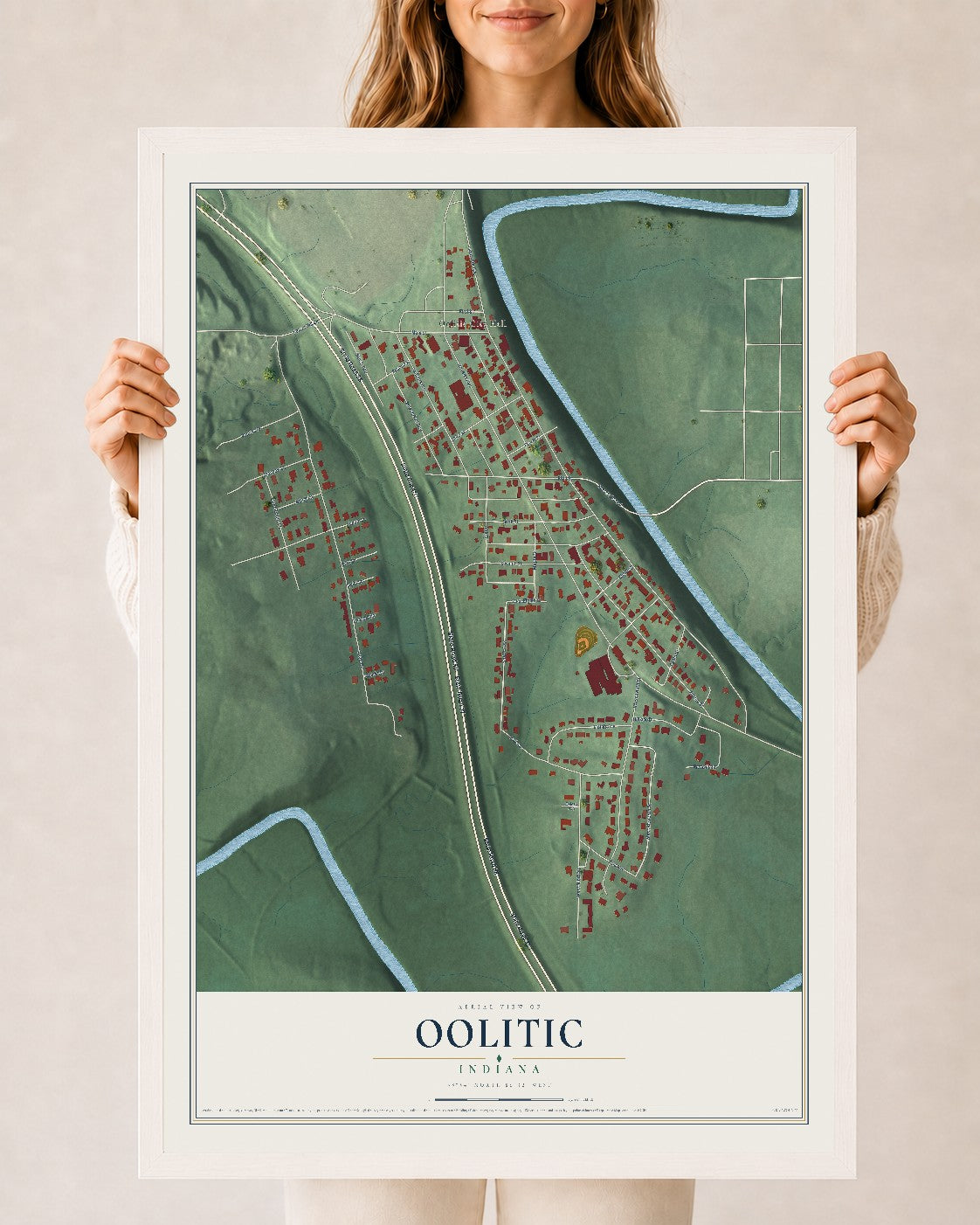 Map of Oolitic, Indiana, 24 x 36 inch print in a white wood frame