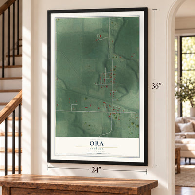 Ora, Indiana map, 24 x 36 inch print in a black frame by a staircase