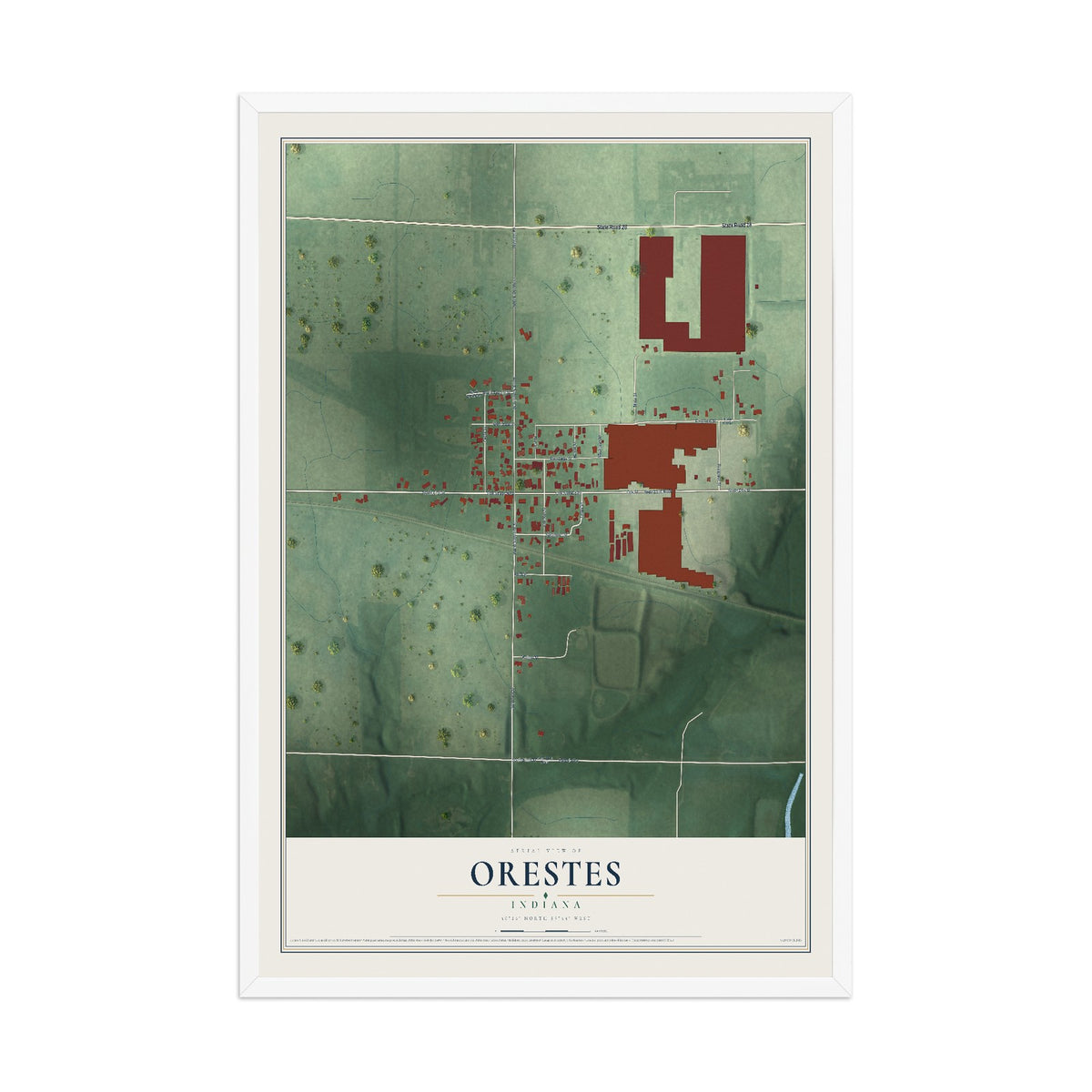 Map of Orestes, Indiana, 12 x 18 inch print in a white wood frame