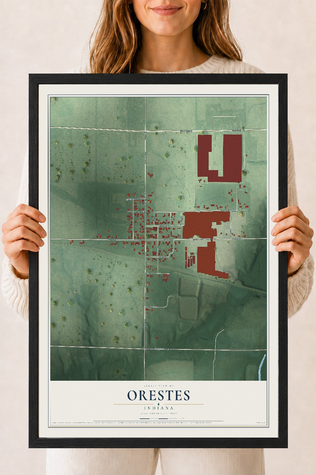 Map of Orestes, Indiana, 18 x 24 inch print in a black wood frame