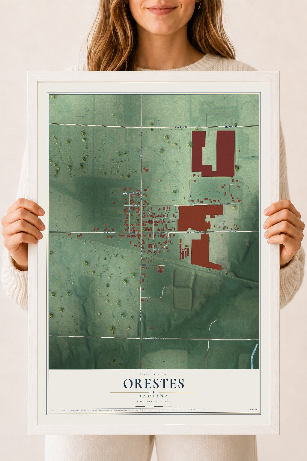 Map of Orestes, Indiana, 18 x 24 inch print in a white wood frame