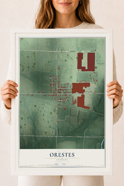 Map of Orestes, Indiana, 18 x 24 inch print in a white wood frame