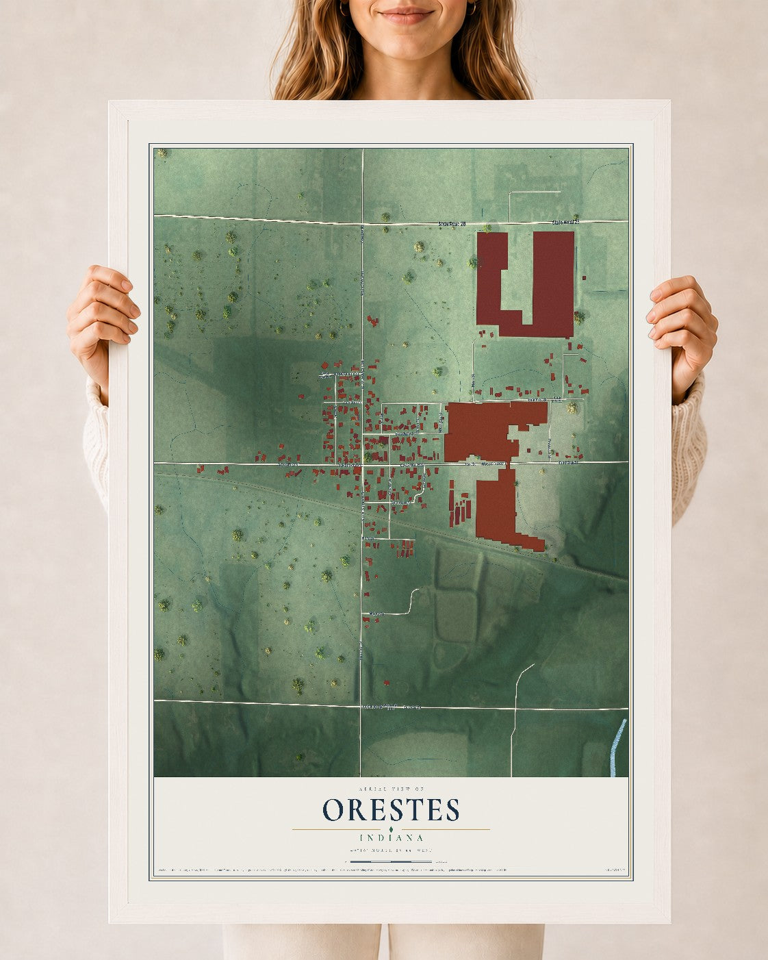 Map of Orestes, Indiana, 24 x 36 inch print in a white wood frame