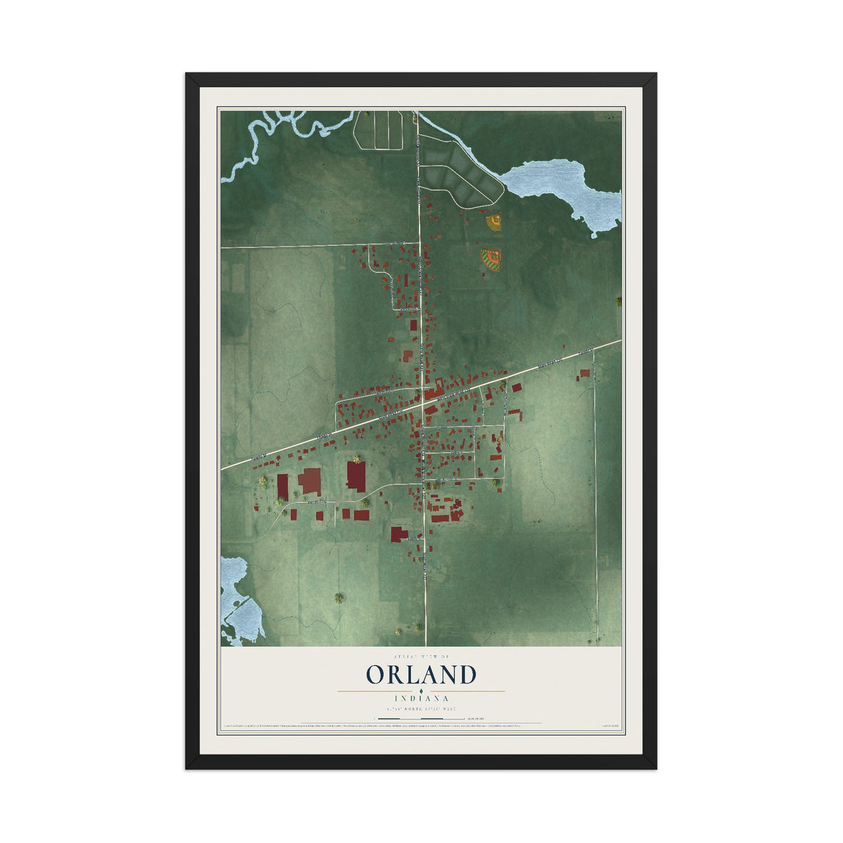 Map of Orland, Indiana, 12 x 18 inch print in a black wood frame