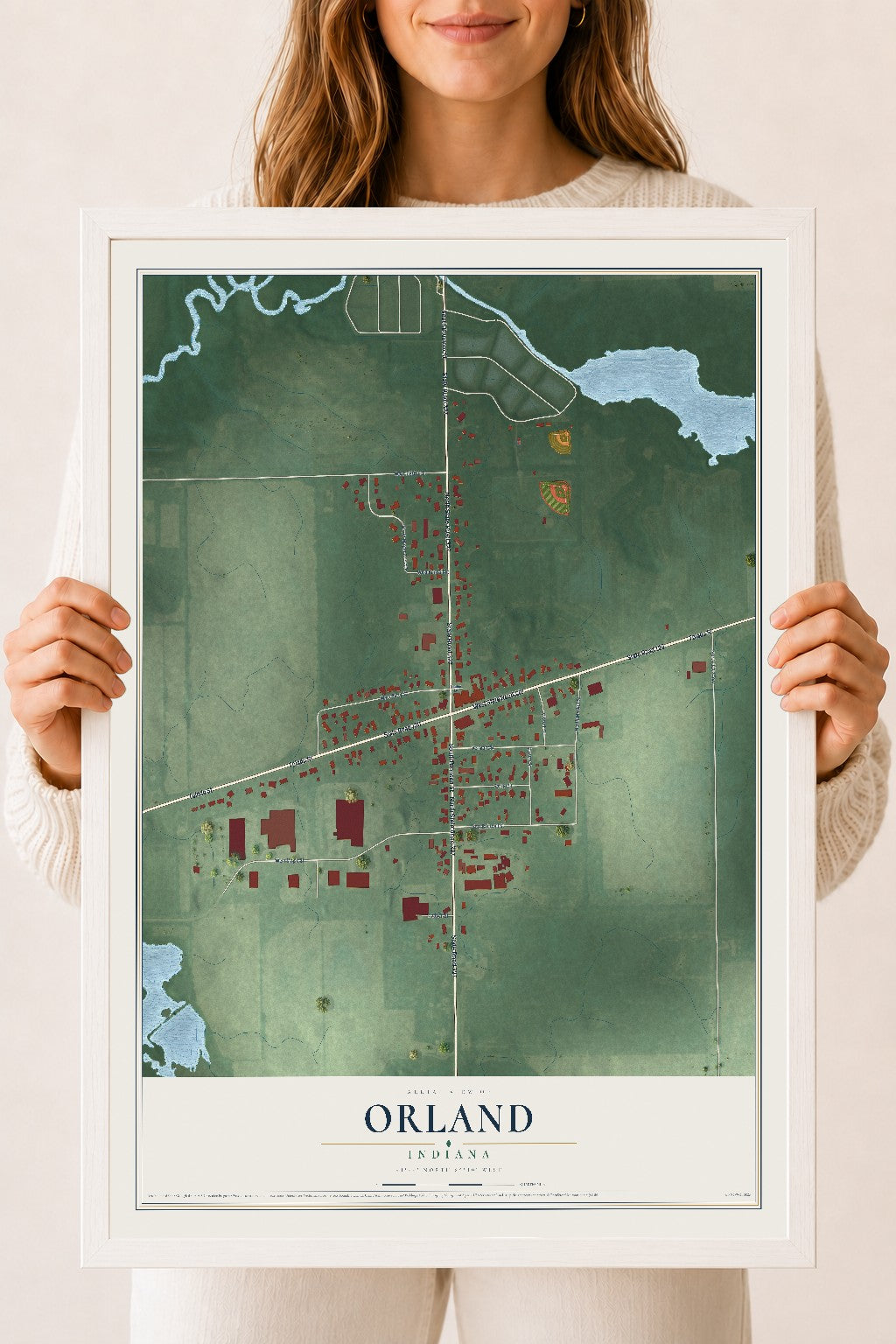 Map of Orland, Indiana, 18 x 24 inch print in a white wood frame