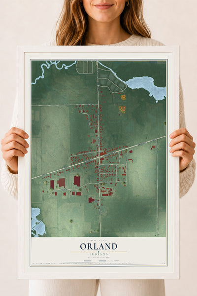 Map of Orland, Indiana, 18 x 24 inch print in a white wood frame