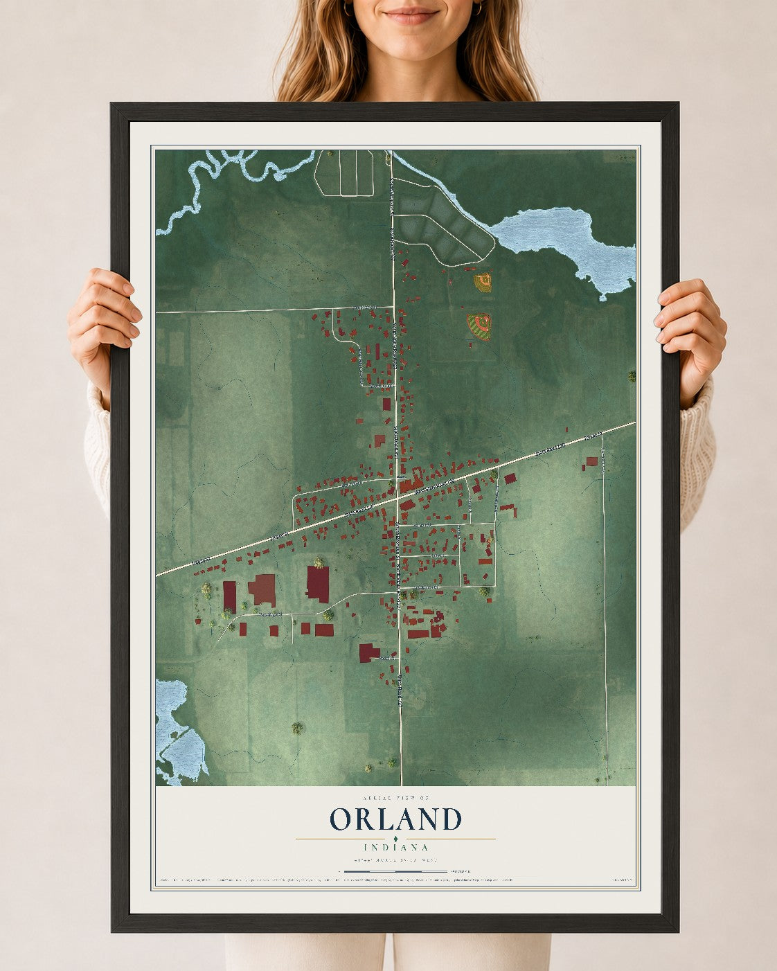 Map of Orland, Indiana, 24 x 36 inch print in a black wood frame