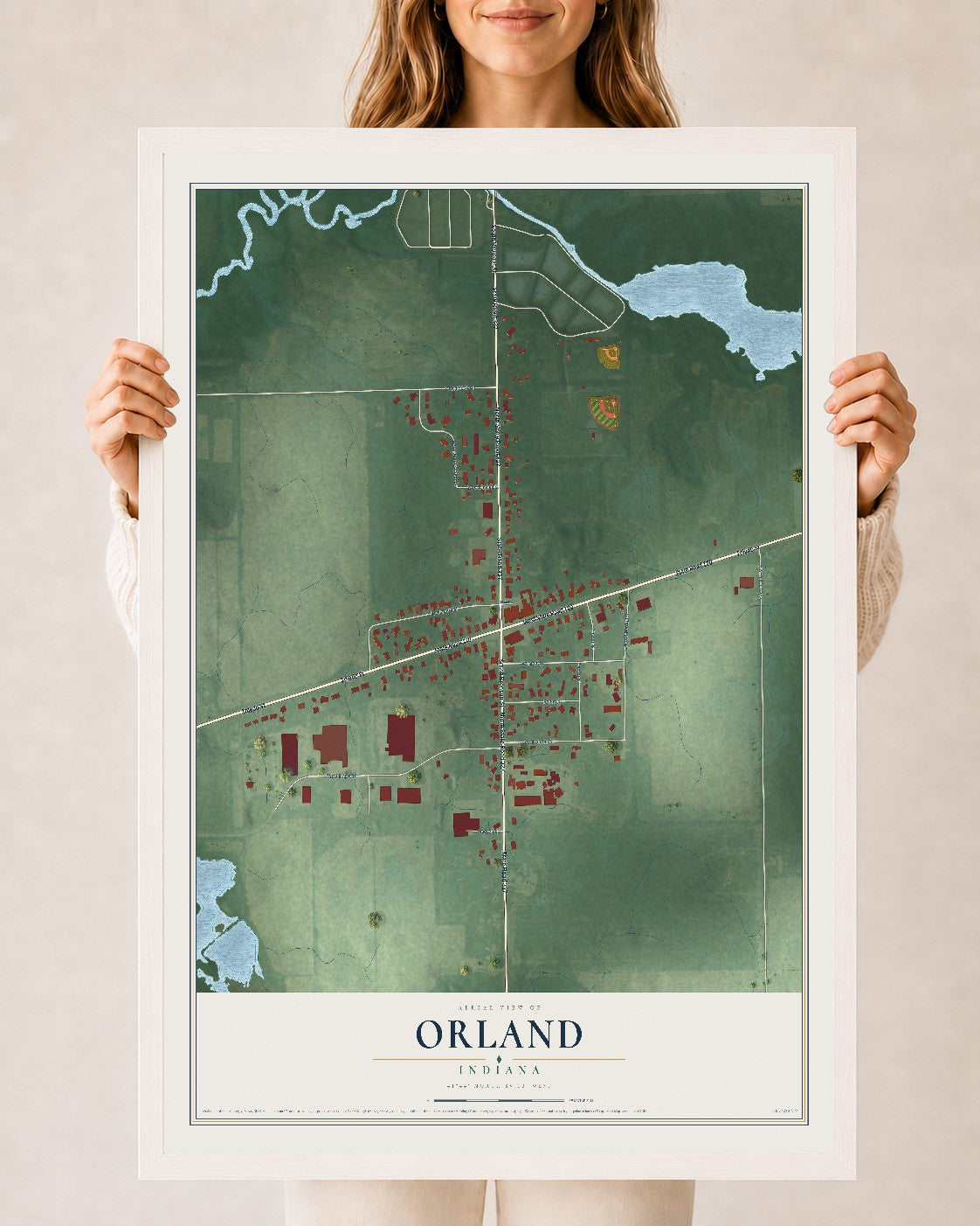 Map of Orland, Indiana, 24 x 36 inch print in a white wood frame