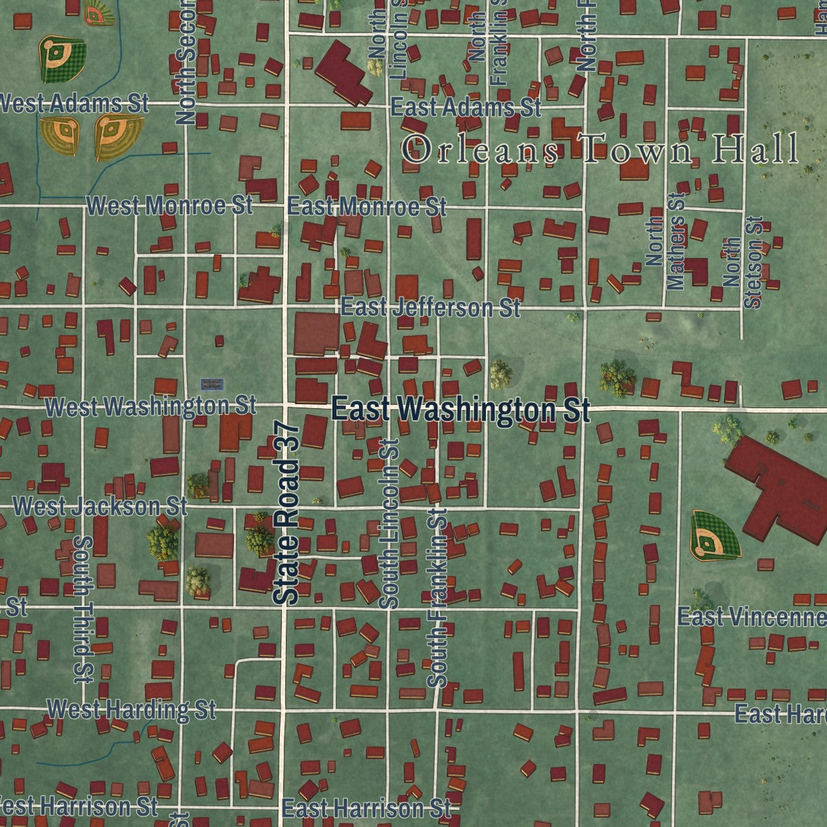 Close-up of the map of Orleans, Indiana print showing street and building detail