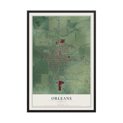 Map of Orleans, Indiana, 12 x 18 inch print in a black wood frame