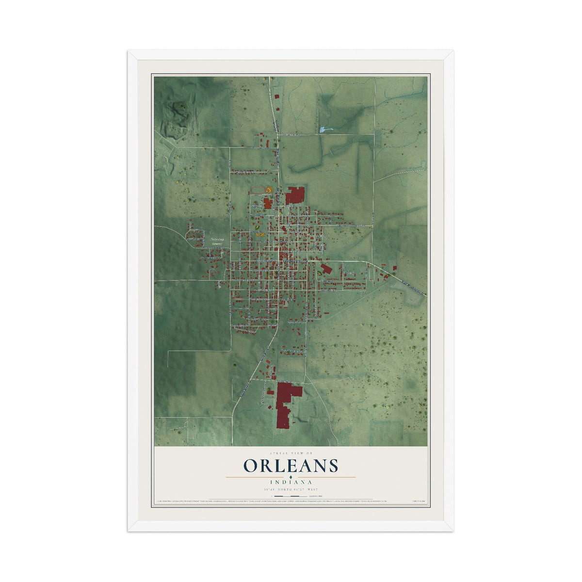 Map of Orleans, Indiana, 12 x 18 inch print in a white wood frame