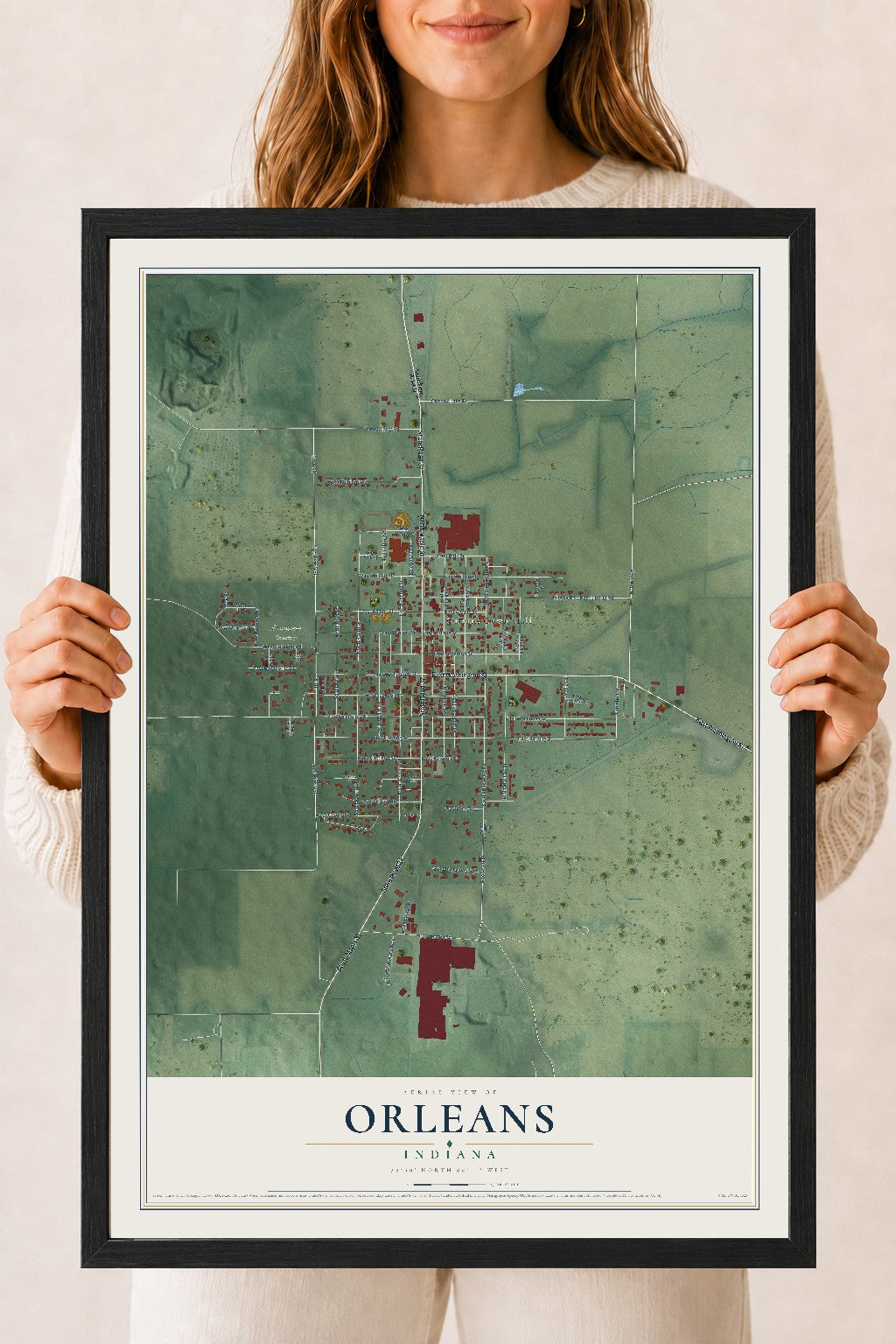 Map of Orleans, Indiana, 18 x 24 inch print in a black wood frame