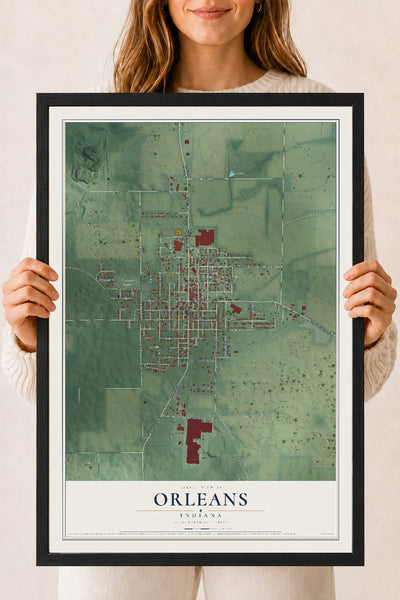 Map of Orleans, Indiana, 18 x 24 inch print in a black wood frame