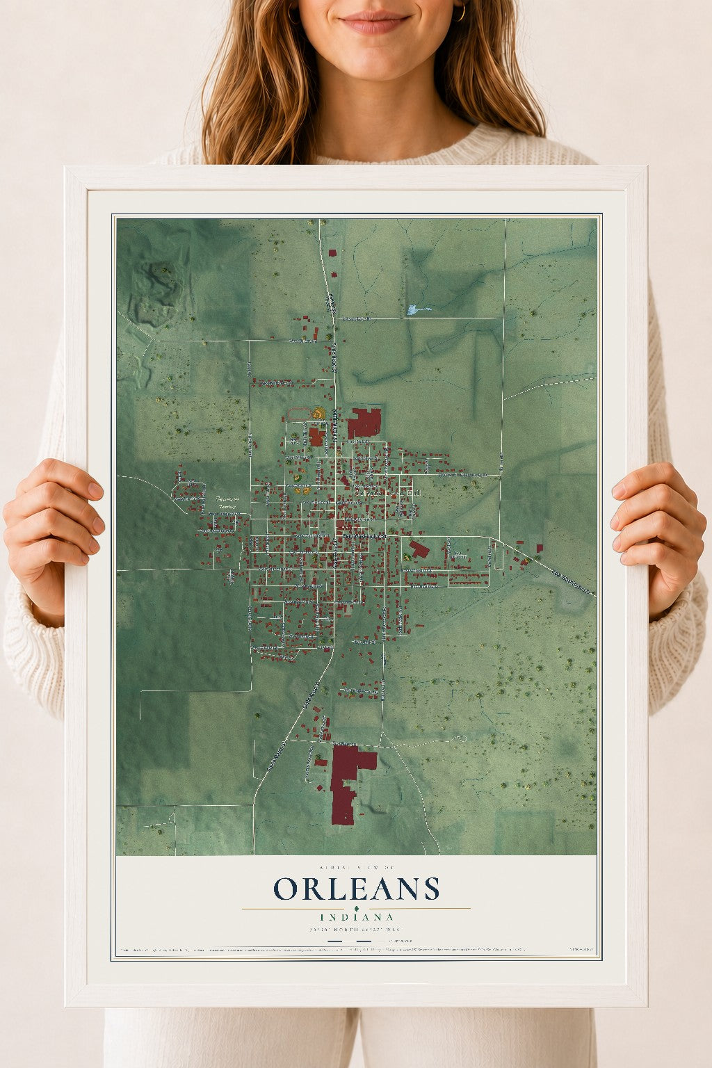 Map of Orleans, Indiana, 18 x 24 inch print in a white wood frame