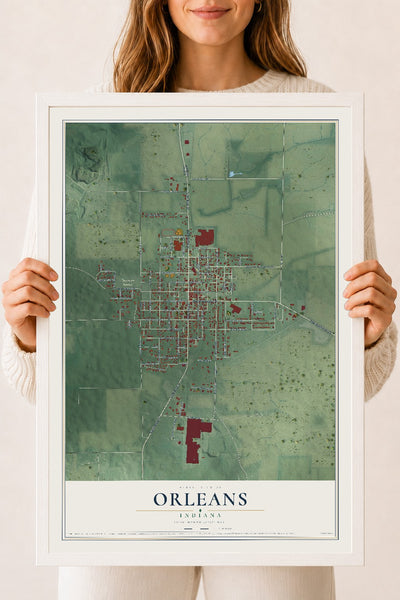 Map of Orleans, Indiana, 18 x 24 inch print in a white wood frame